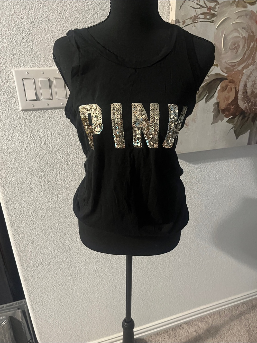 PINK Victoria's Secret Black Tank with Gold Sequin Logo